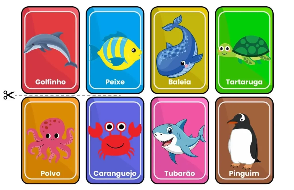 Jogo da memória para imprimir em PDF Animais Marinhos