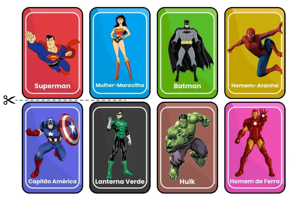 Jogo da memória para imprimir em PDF Heróis da Liga da Justiça e Vingadores