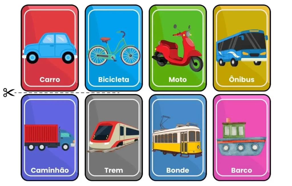 Jogo da memória para imprimir em PDF sobre Meios de Transporte