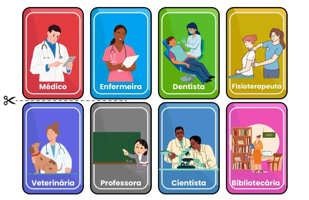 Jogo da memória para imprimir em PDF sobre Profissões